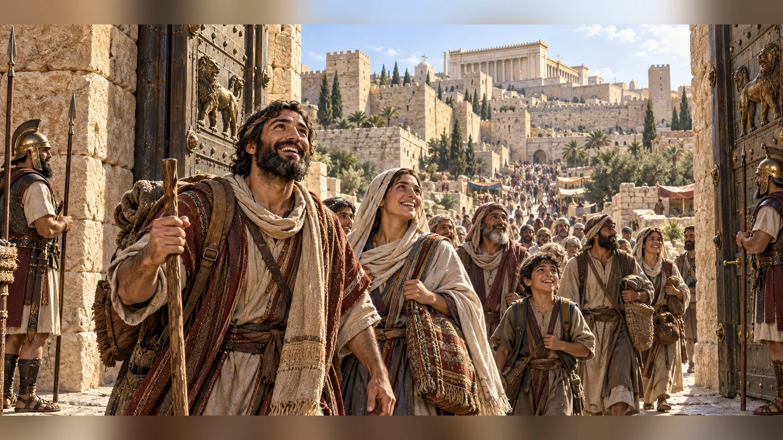 Joyful pilgrims cross the threshold into Jerusalem.
