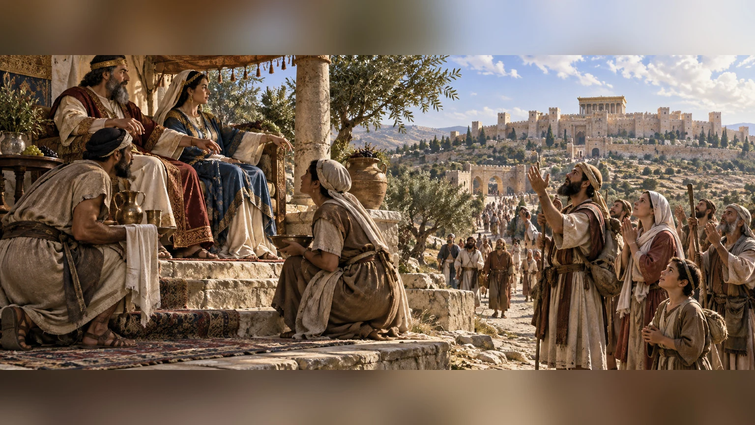 Attentive male and female servants watch a master's or mistress's hand; match their waiting to the praying community.