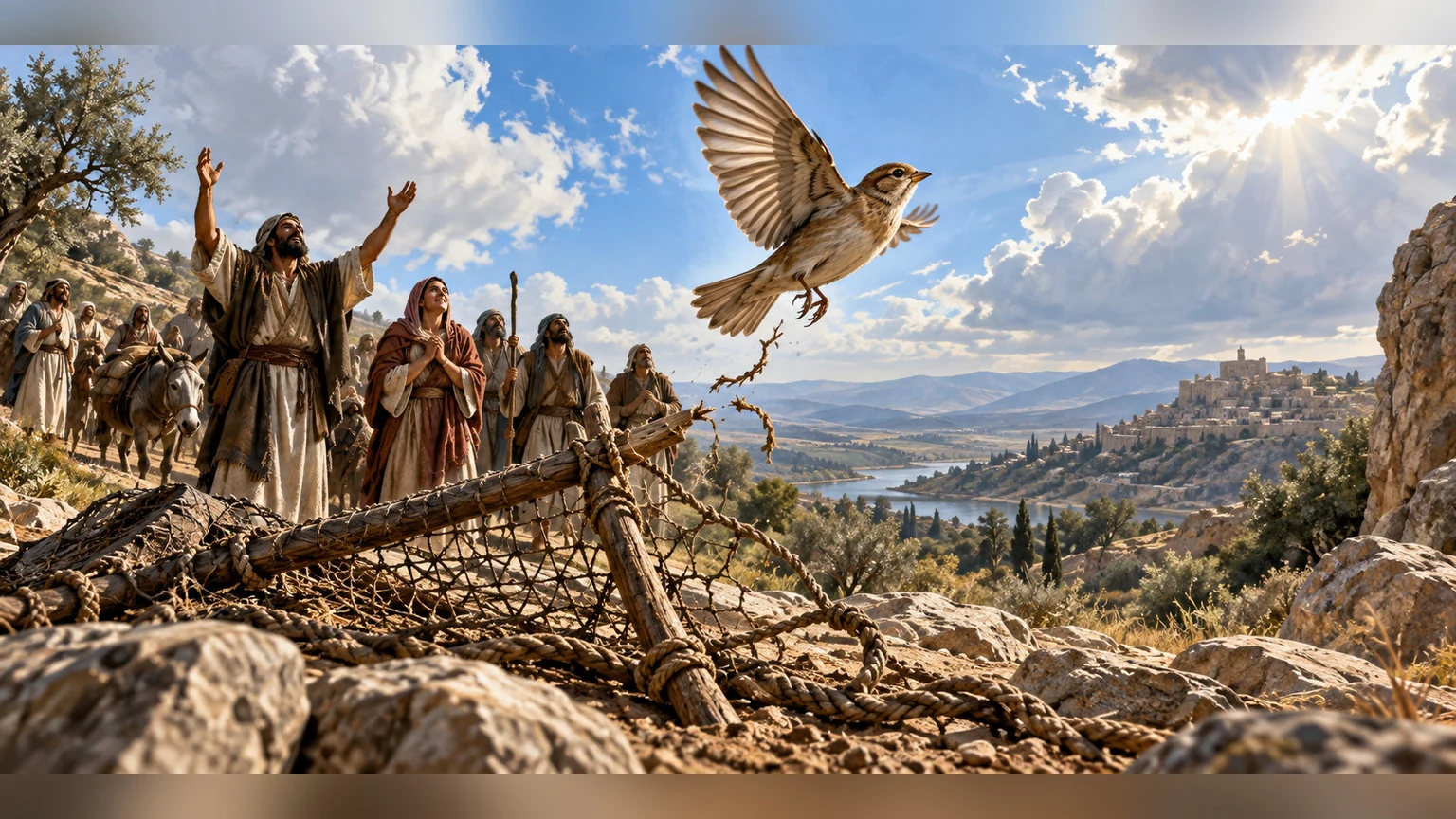 A bird escapes a broken snare into open sky; thanksgiving identifies the maker as help.