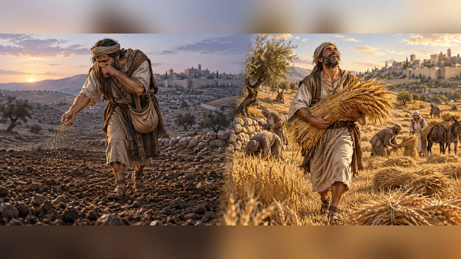 Match a weeping sower carrying seed to the same person returning with sheaves and joy.