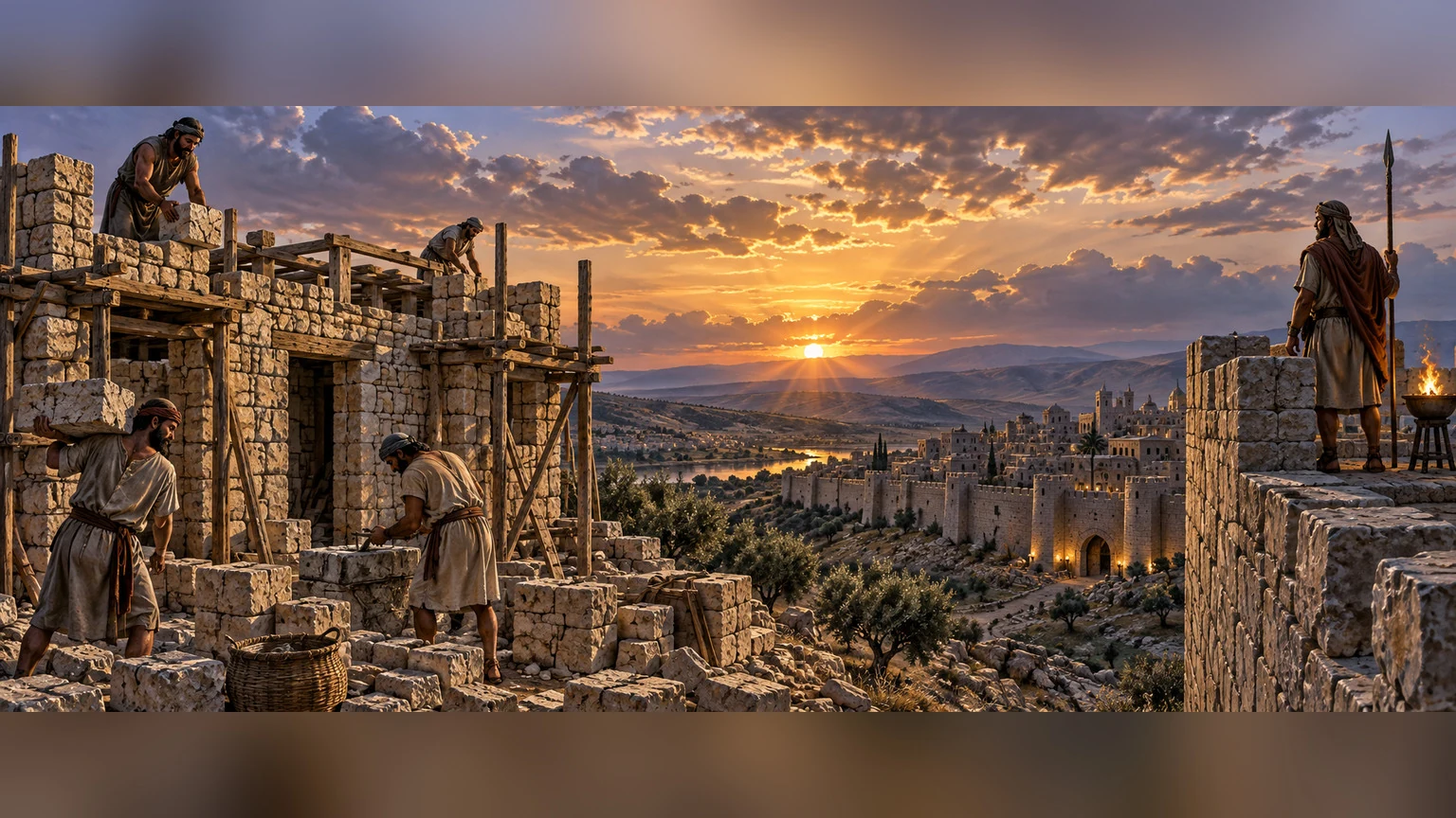 Builders and a city watchman labor in one evening panorama, expressing their dependence on Yahweh.