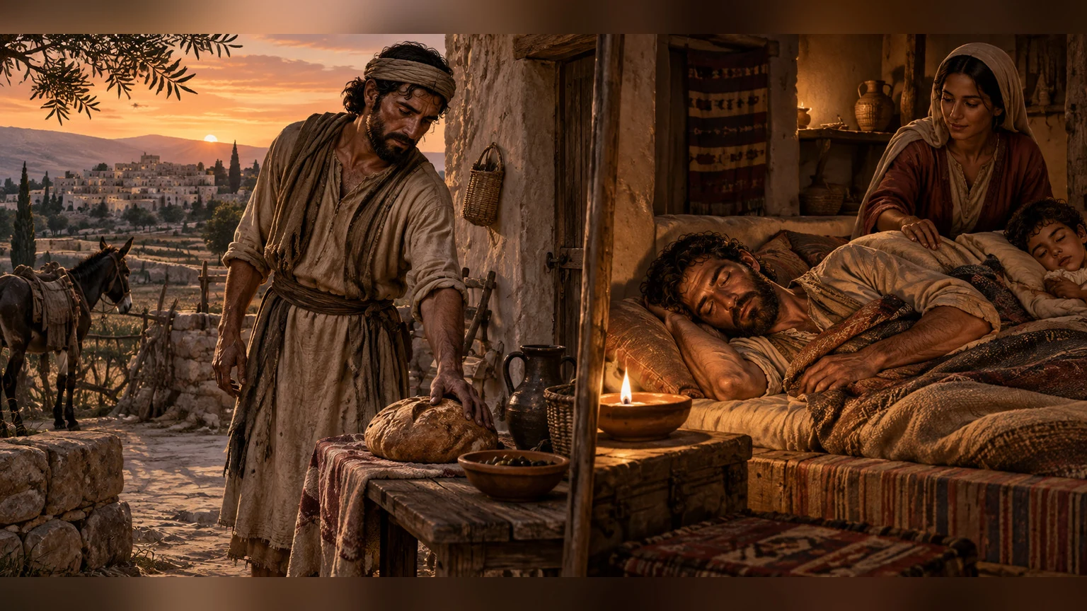 An exhausted worker leaves the bread of toil and receives sleep.