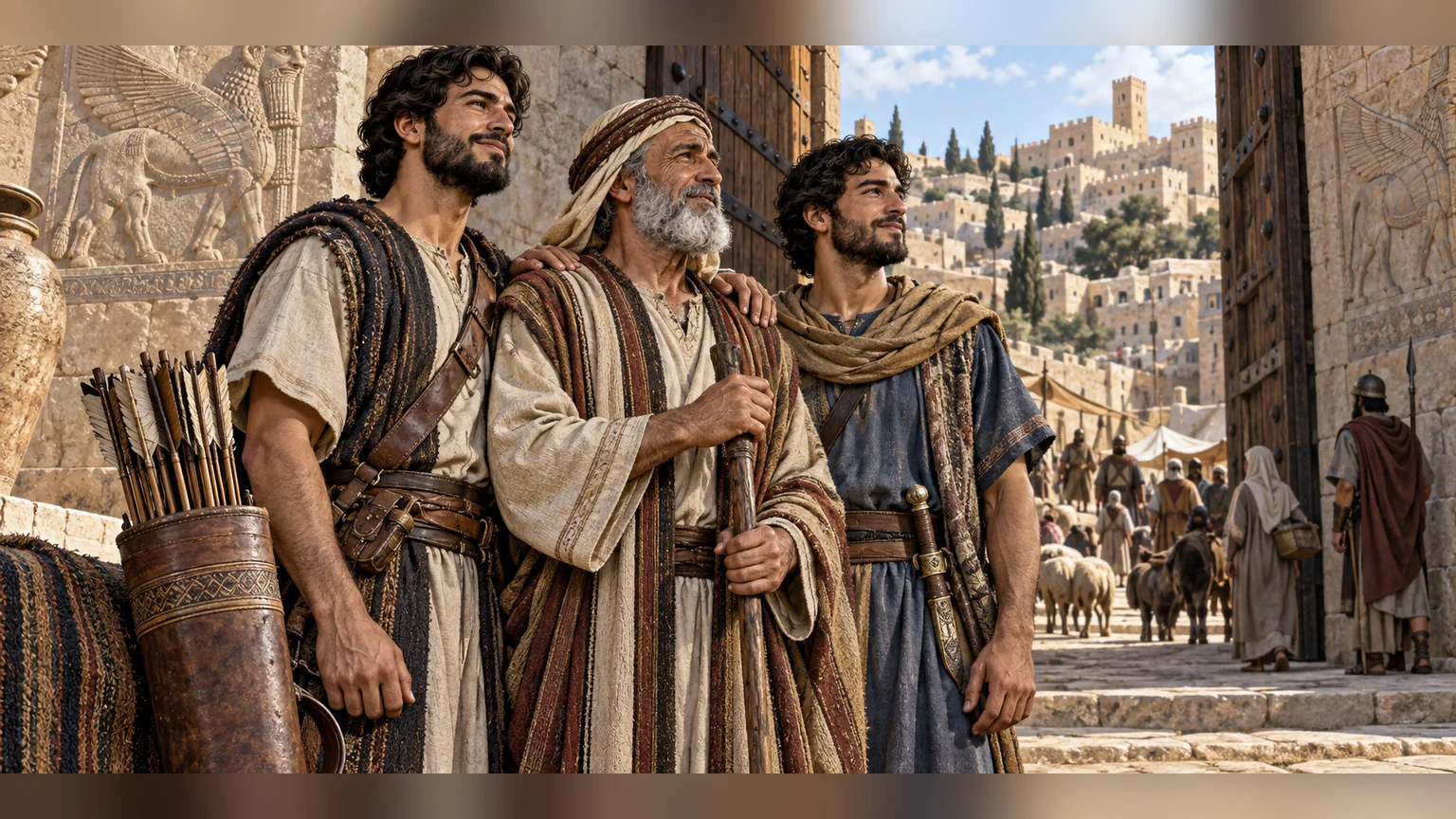 A parent and grown sons stand together at the gate; a quiver supplies the poem's family-strength comparison.