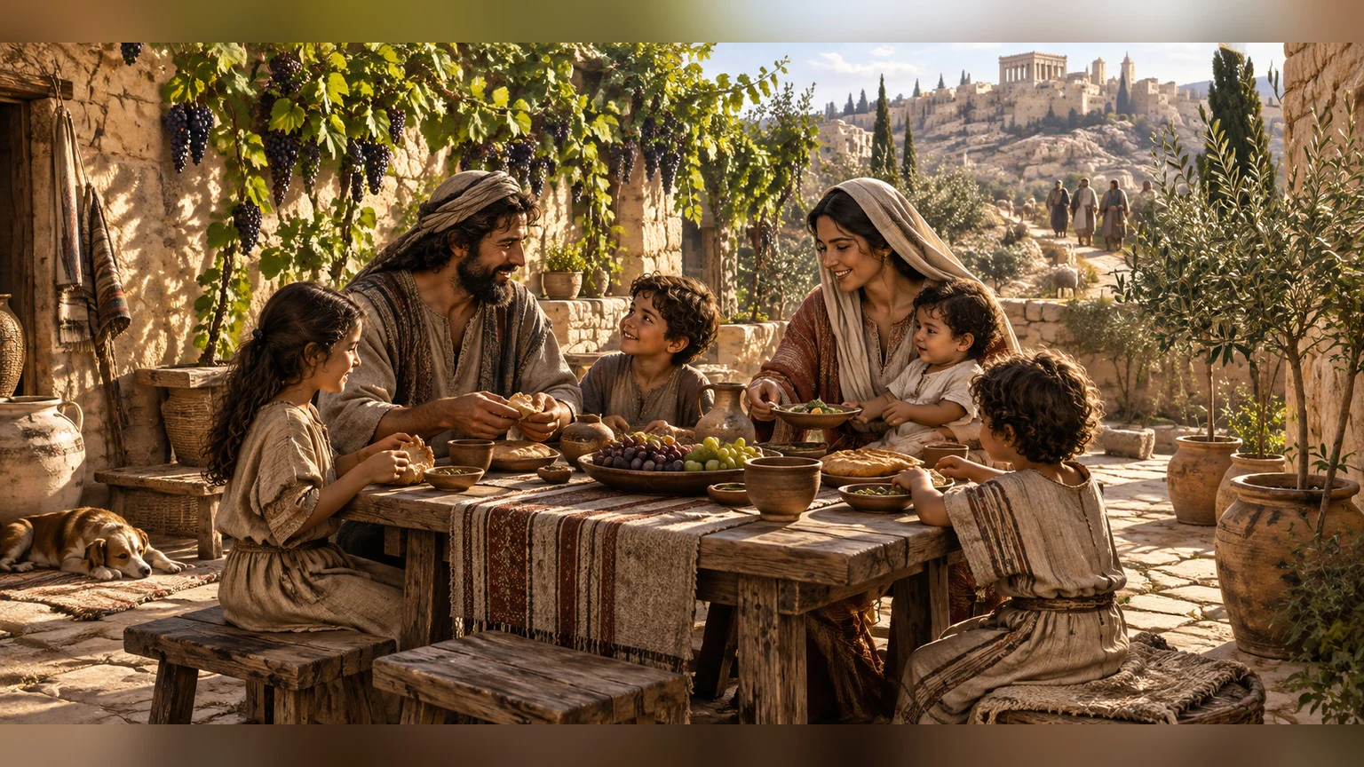 A wife and children around the table are framed by vine and olive-shoot imagery.