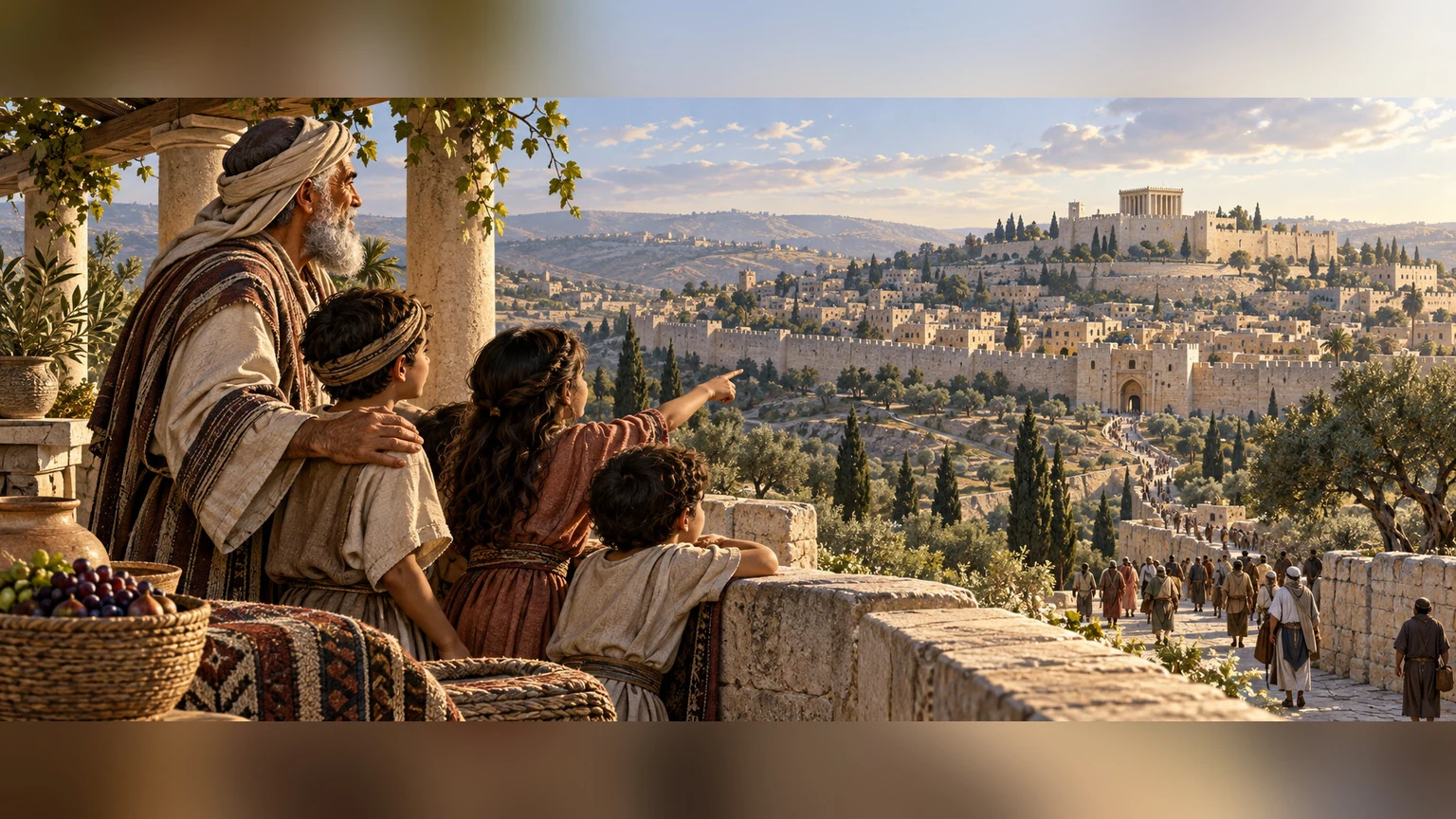 The view widens from a grandparent with grandchildren to peaceful Jerusalem.