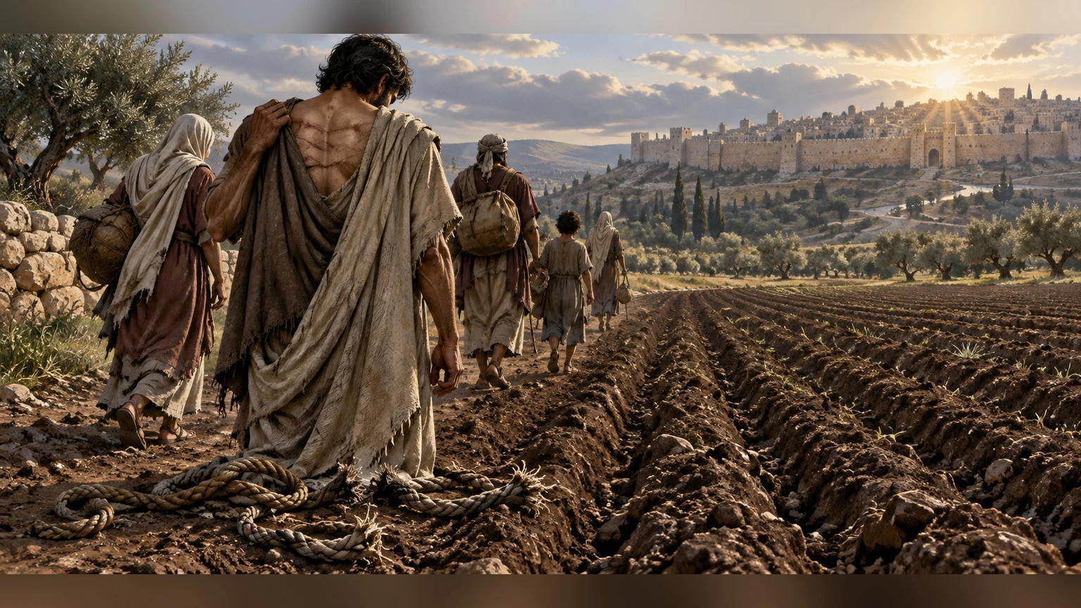 Plowed earth matches a scarred back, then cut cords signal the breaking of oppression; keep injury restrained.