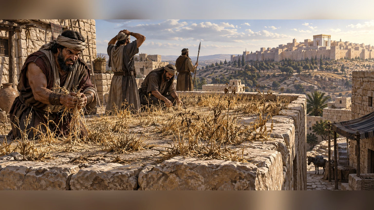Dry rooftop grass fails to fill a harvester's hand, visualizing the requested failure of Zion's enemies.