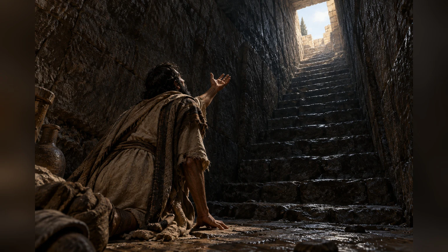A figure calls from a deep, dark place toward a distant opening.