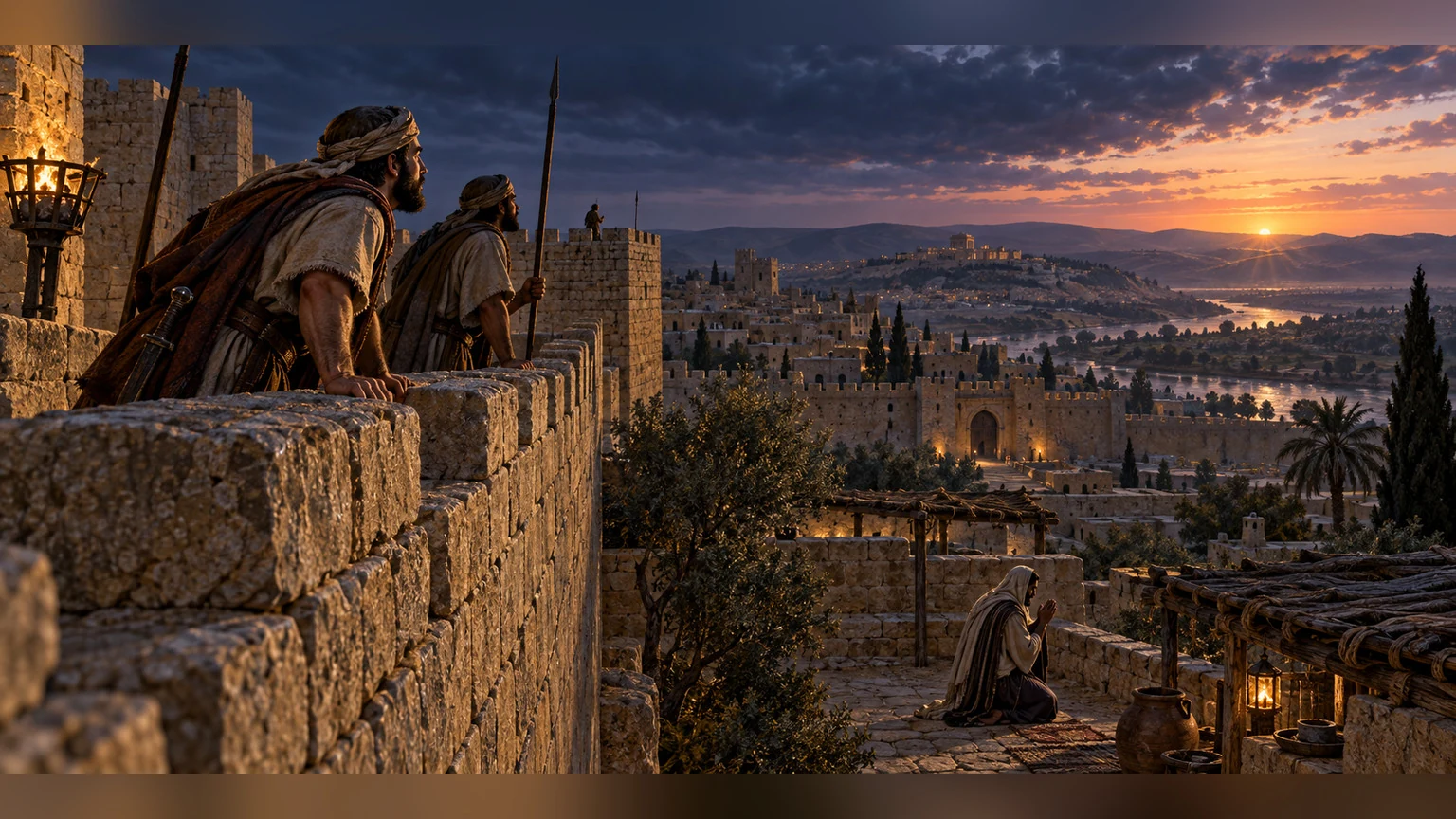 Watchmen lean toward the first light over a wall; the repeated longing gets room to breathe.