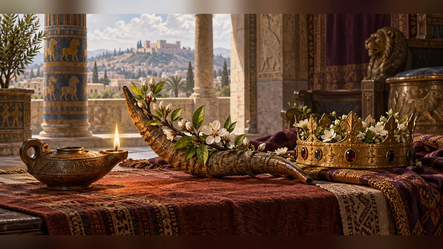 A prepared lamp, growing horn motif, and blossoming crown express the anointed one's future.
