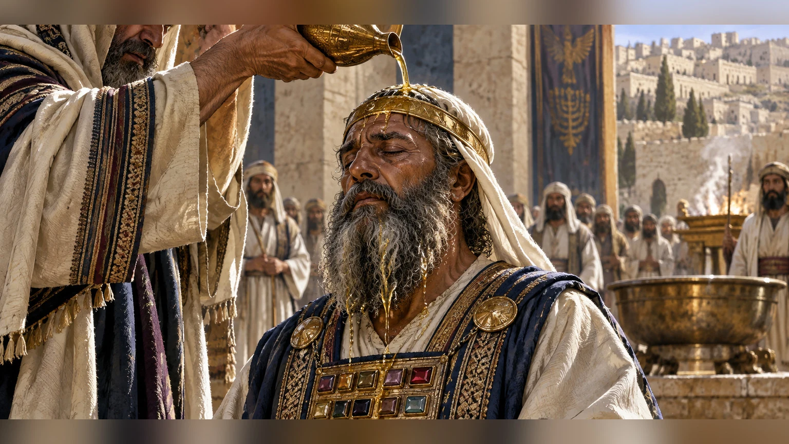 Rich oil runs down Aaron's beard toward the opening of his robes in a close ceremonial image.