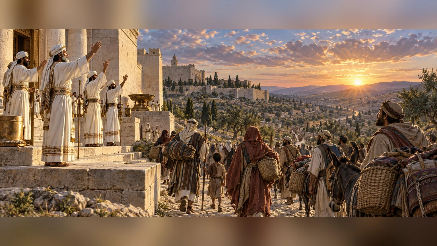 A blessing extends from Zion toward pilgrims departing under the wide sky.