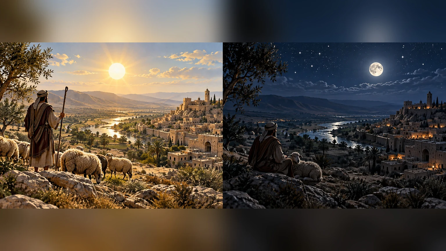 Sun, moon, and stars carry the same visual refrain through day and night.