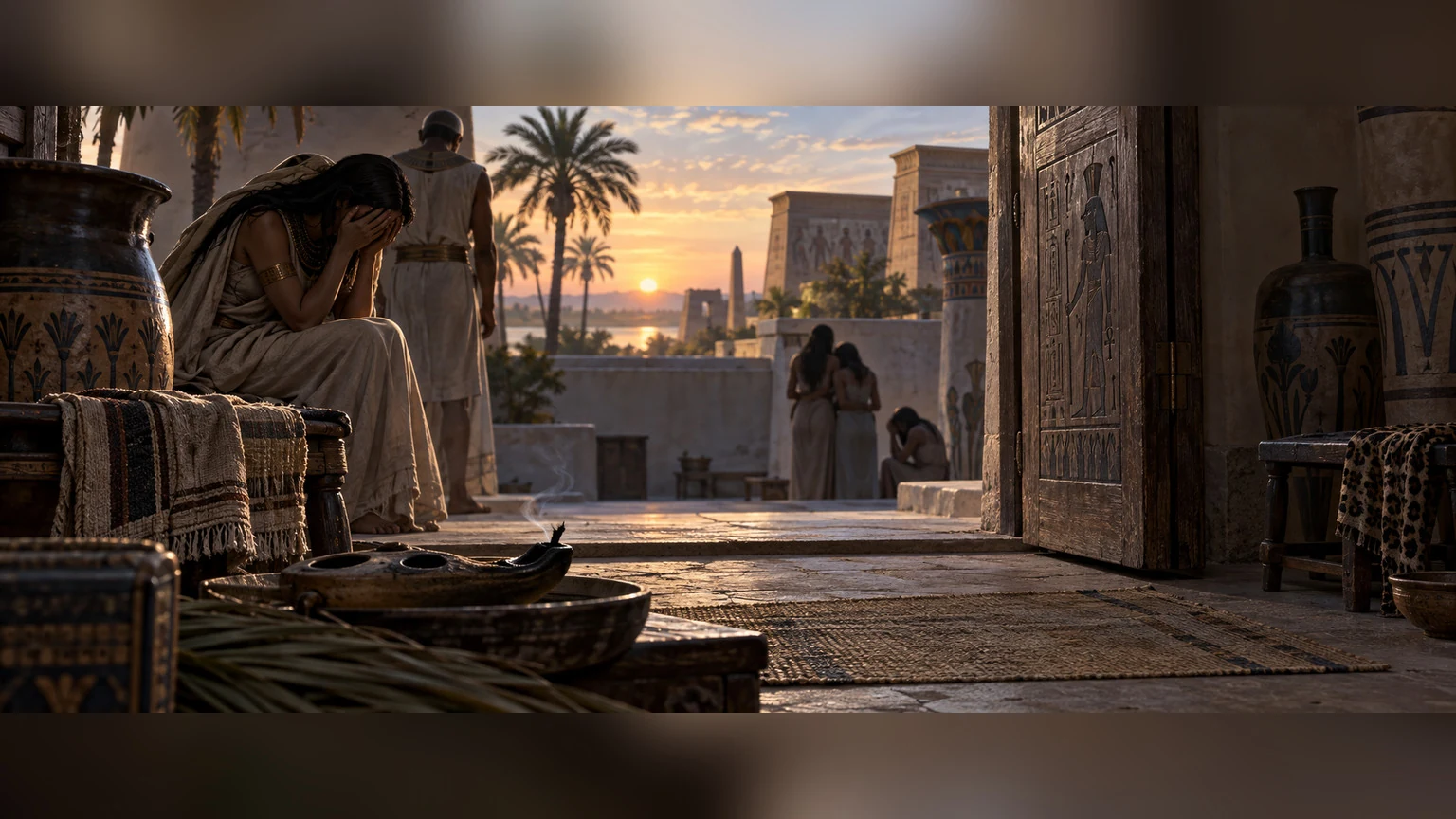 Egyptian households mourn their firstborn; use empty thresholds and restrained distance.