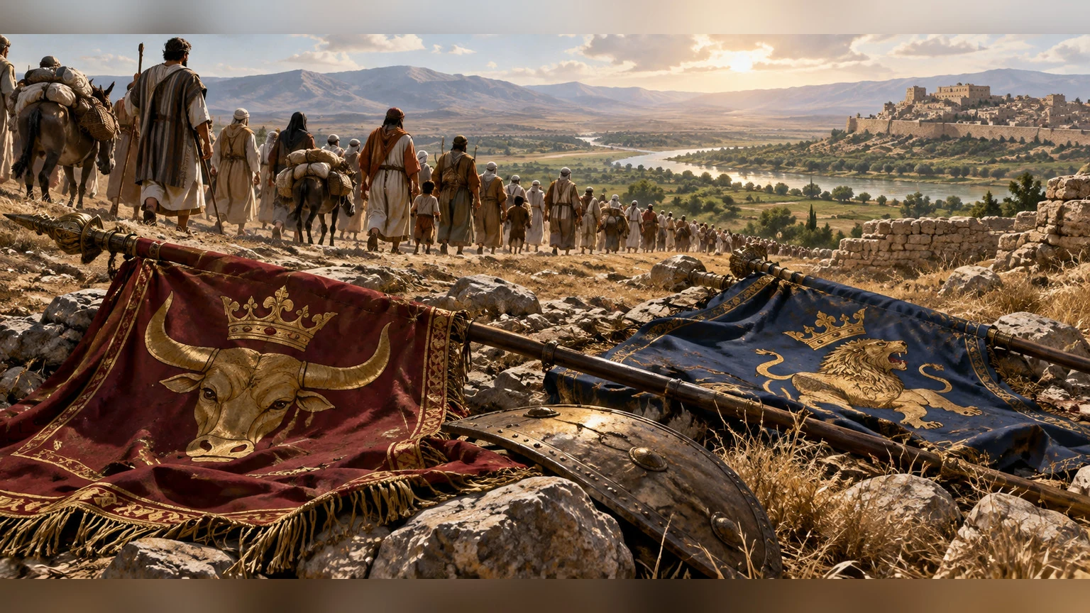 Sihon and Og's defeated royal standards represent the named victories without adding battle detail.