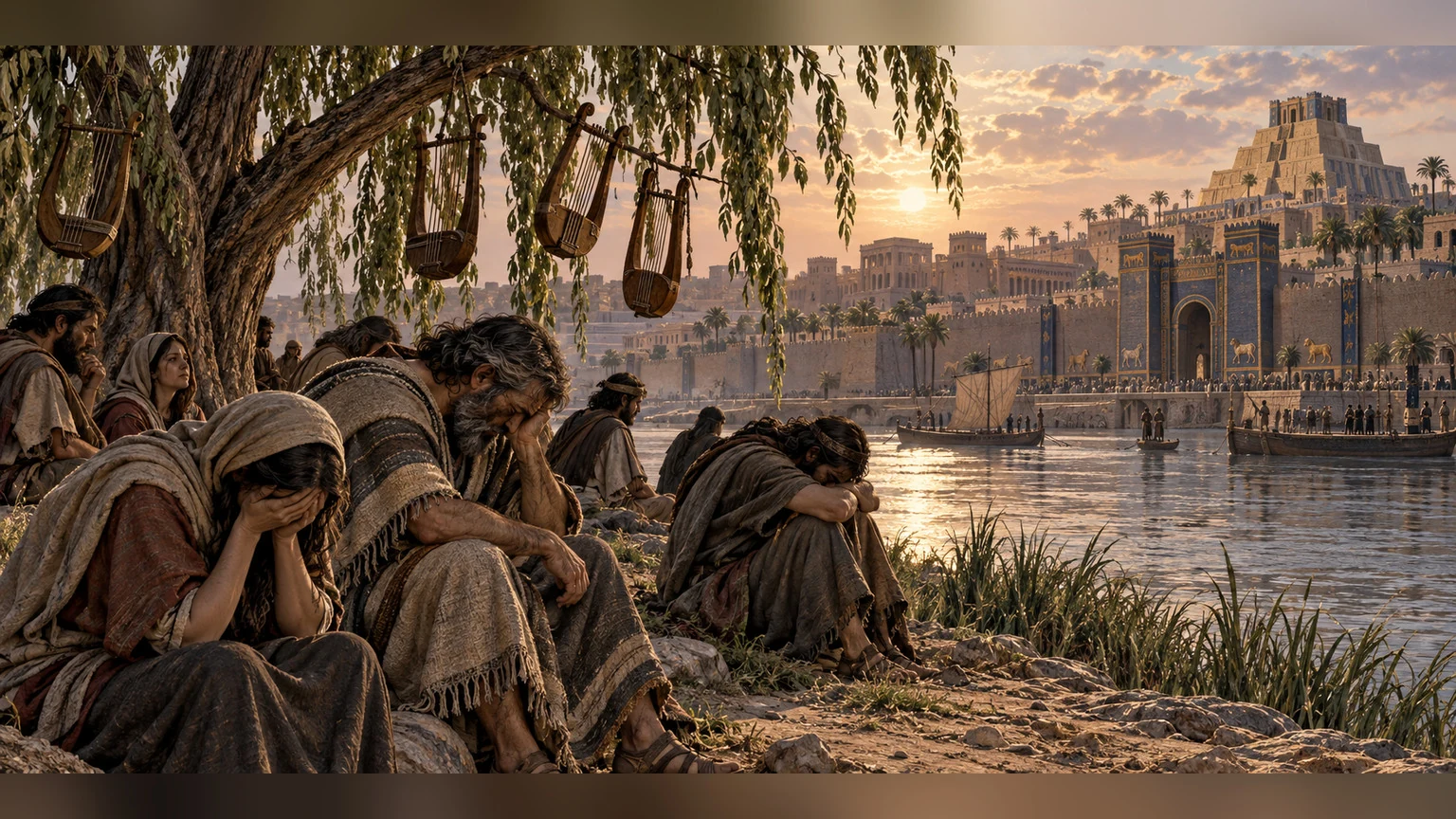 Exiles weep beside Babylon's rivers; lyres hang unused on poplars.