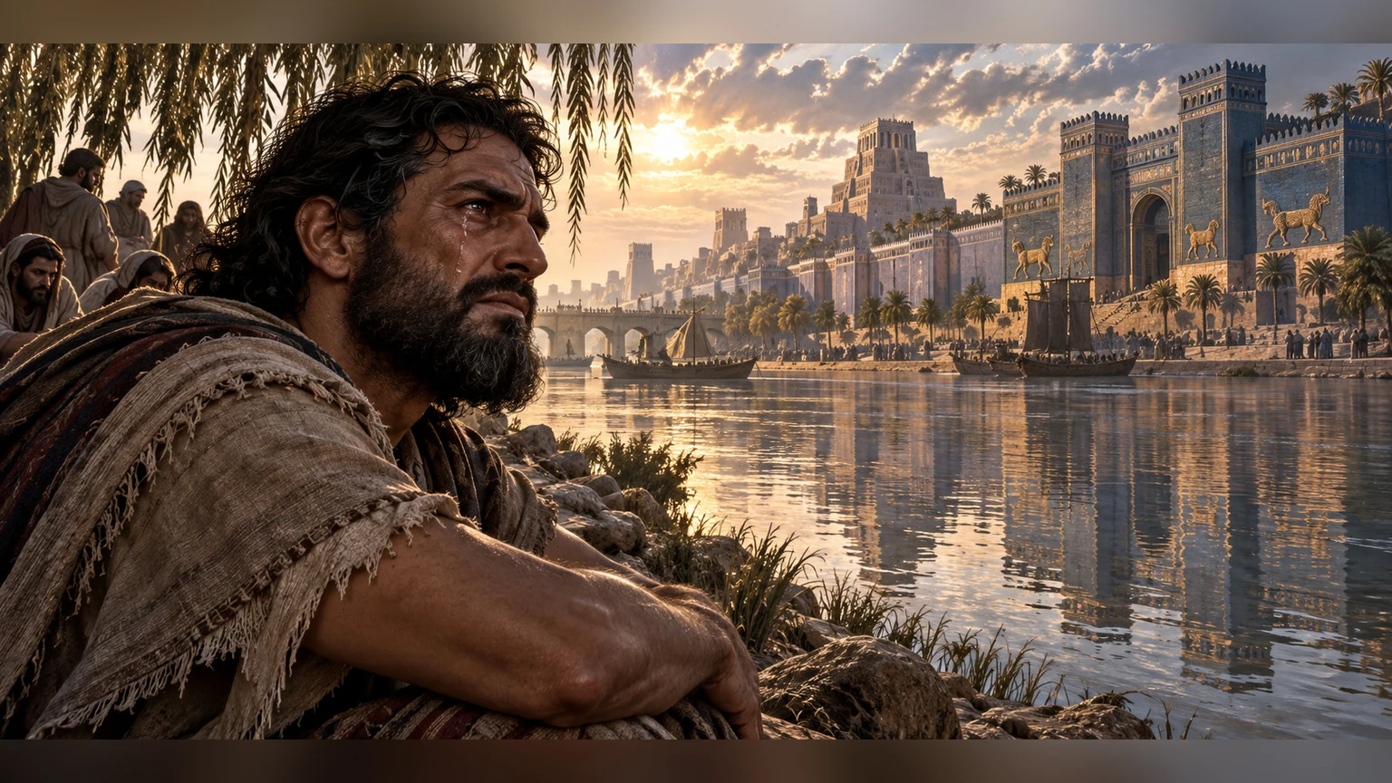 Hold on the exile's grief and hardened expression beside a distant Babylonian wall; retain the explicit retaliatory wish in POB text without staging infant violence.