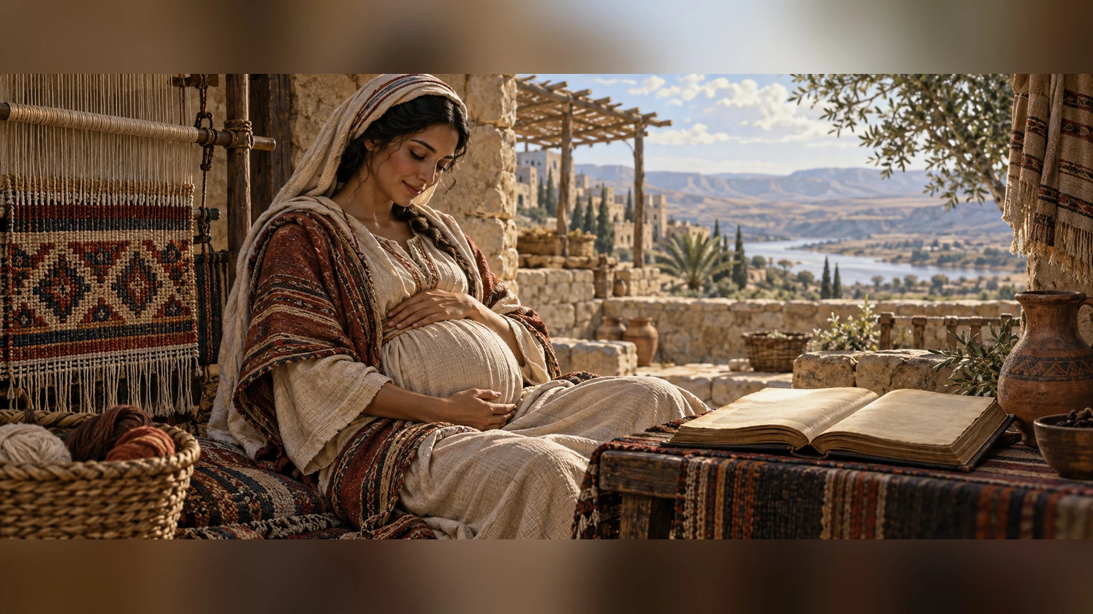 A pregnant mother and a carefully woven textile express hidden formation; an unwritten-looking future opens in a book motif.