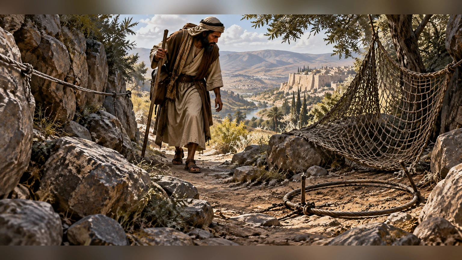 Concealed cords and nets flank the threatened person's path.