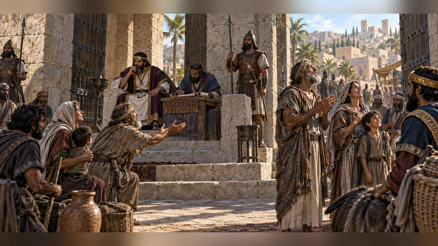 Afflicted and needy people stand with their cause upheld, giving thanks.