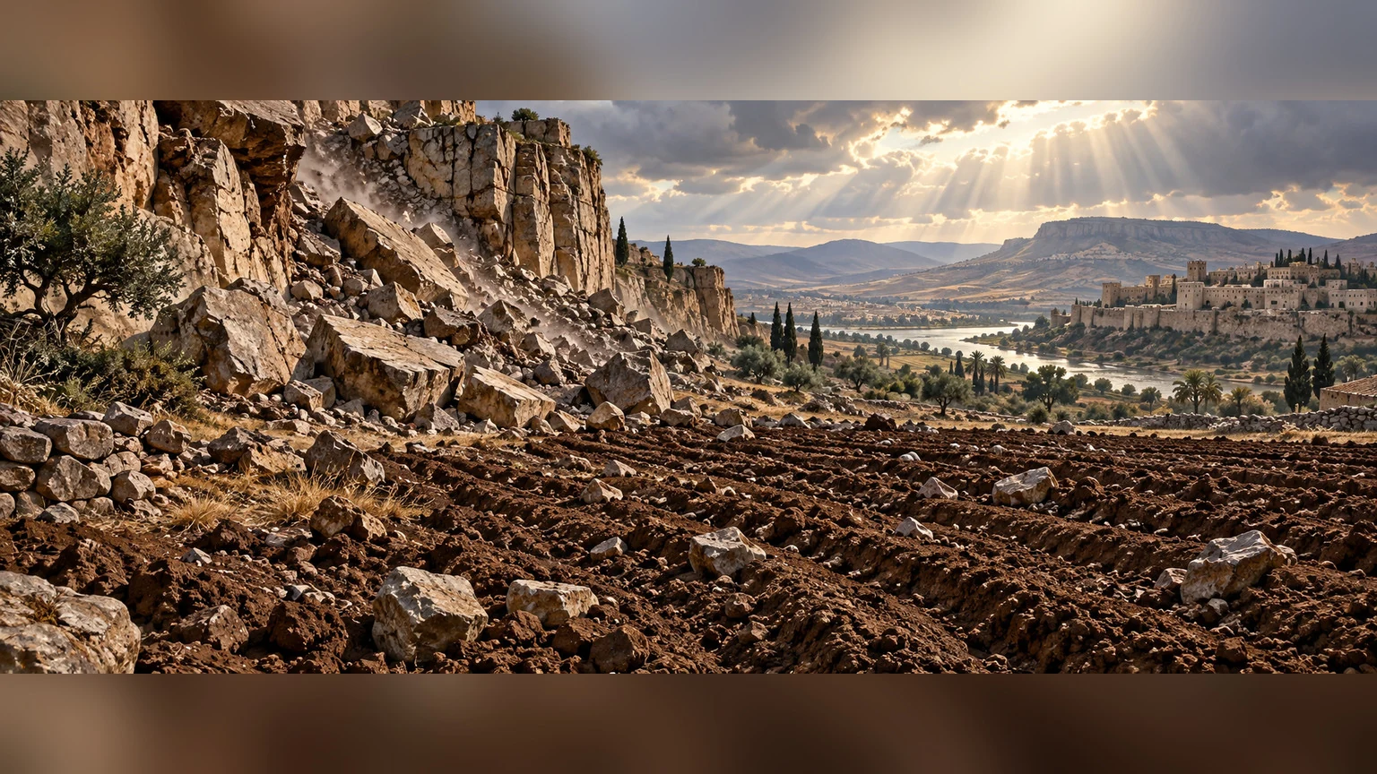 A difficult, fragmented landscape of cliff and scattered earth conveys the passage's violent disorder without inventing a narrative.