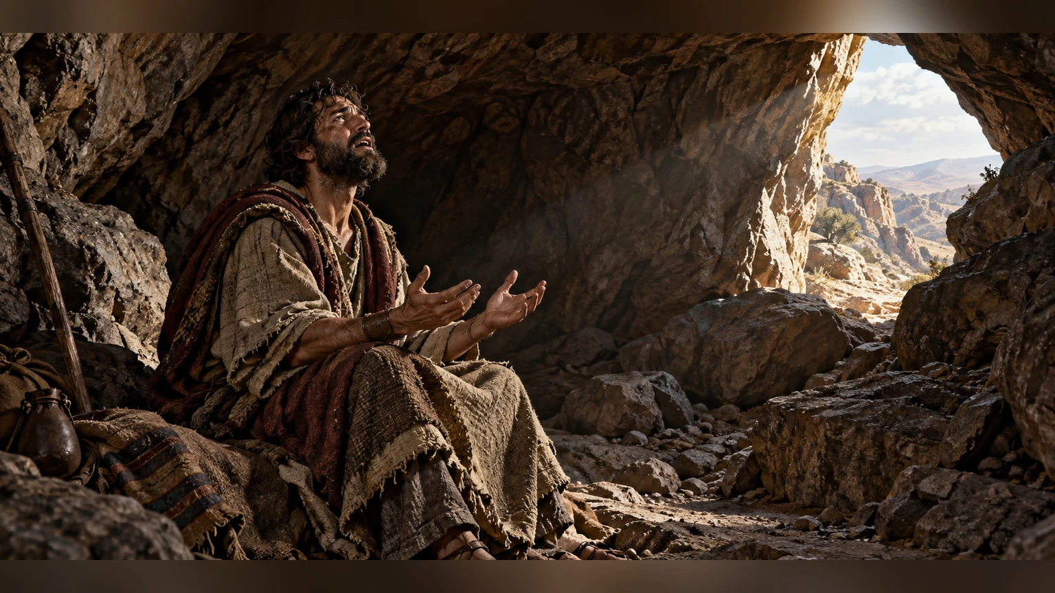 David speaks his complaint aloud inside the cave.