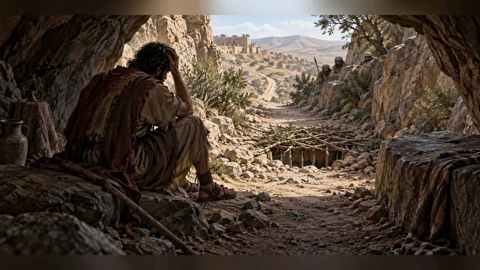 The camera looks down a trapped path and toward an empty right-hand space where a helper should stand.
