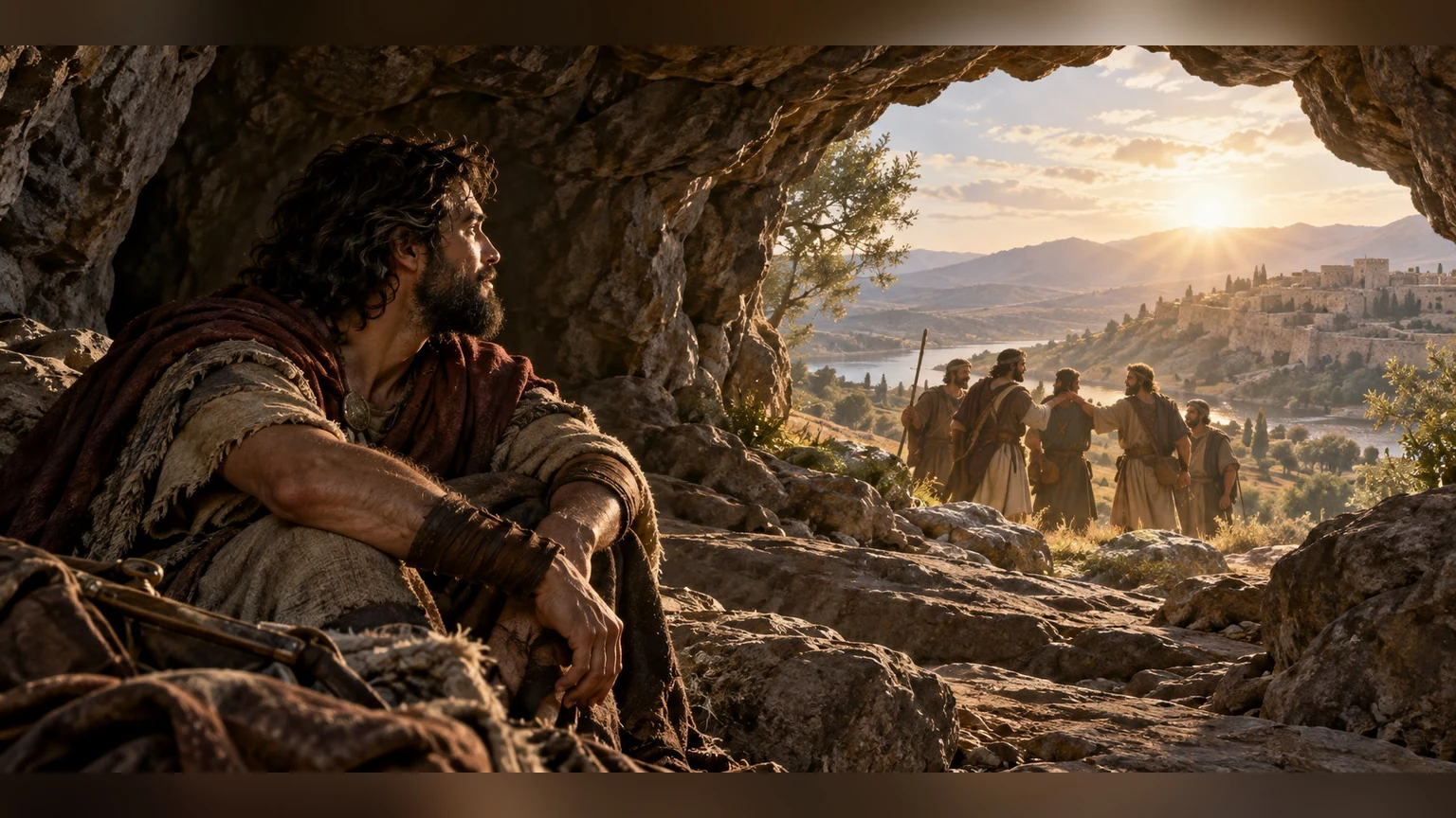 The cave mouth frames the hoped-for release and future gathering of the righteous; show it as expectation.