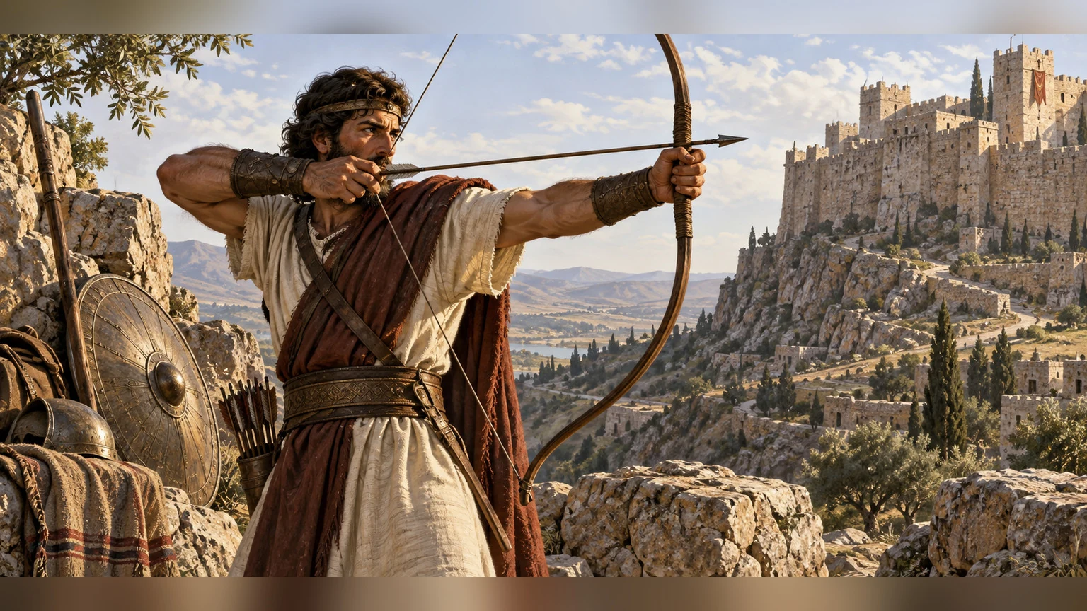 David trains hands and fingers for war beside rock, shield, and fortress motifs.