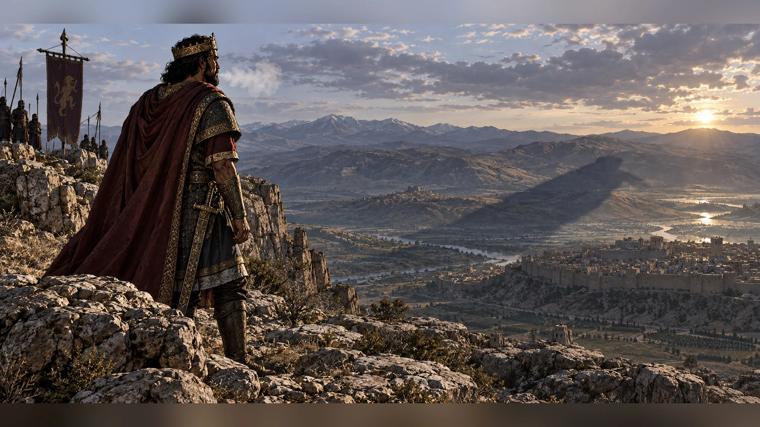 The armed king pauses at a passing shadow and visible breath, aware of human smallness.