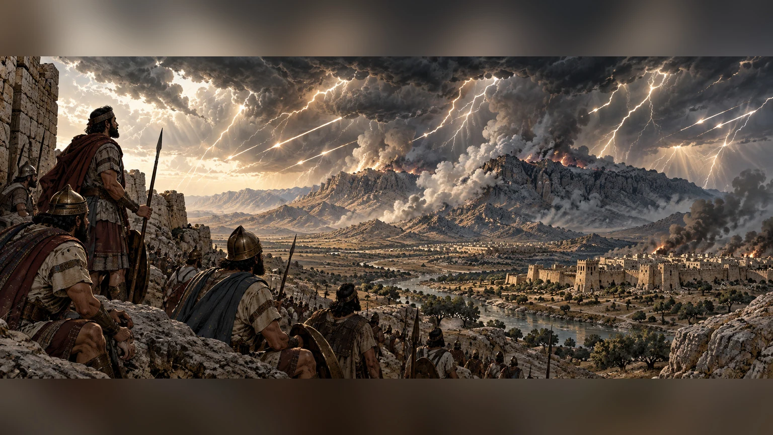 Storm descends over smoking mountains with lightning like arrows.