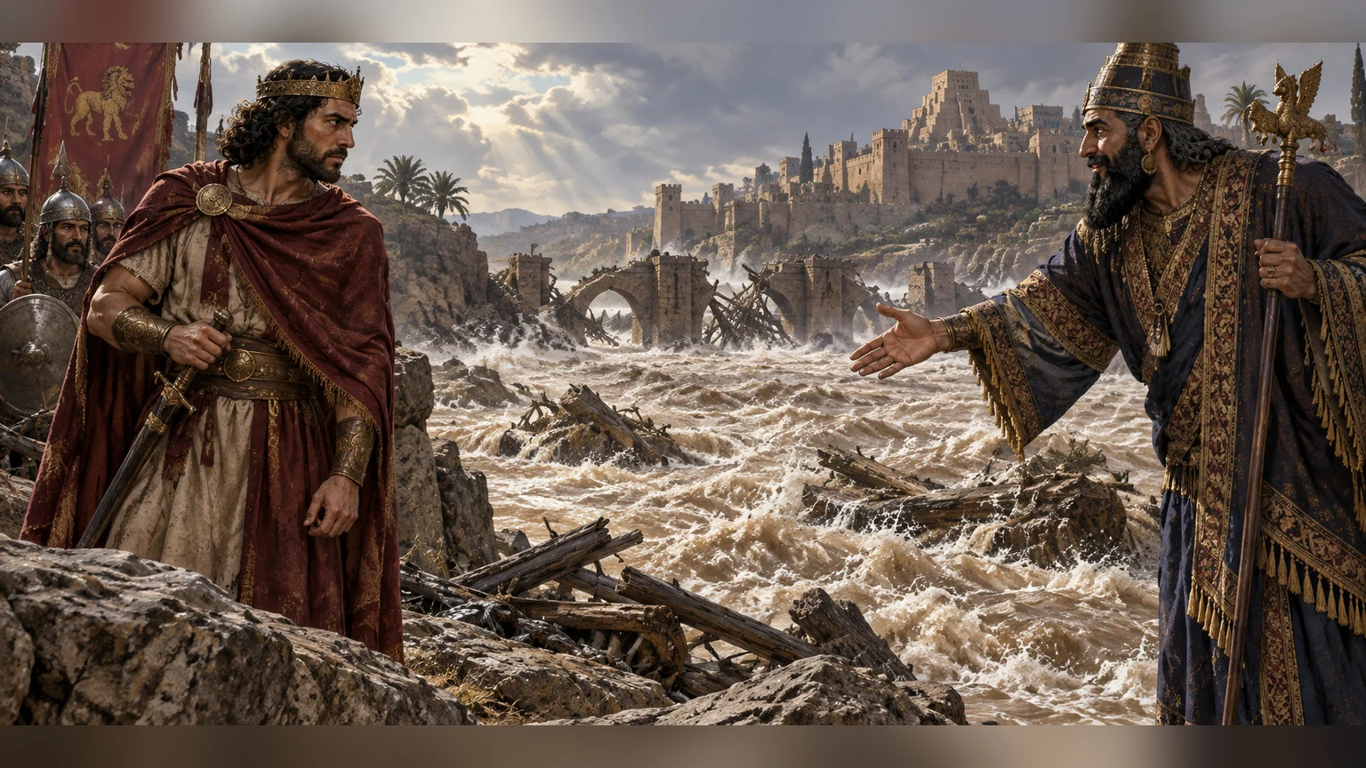 Flood-like peril and a deceitful offered hand express the foreign threat.