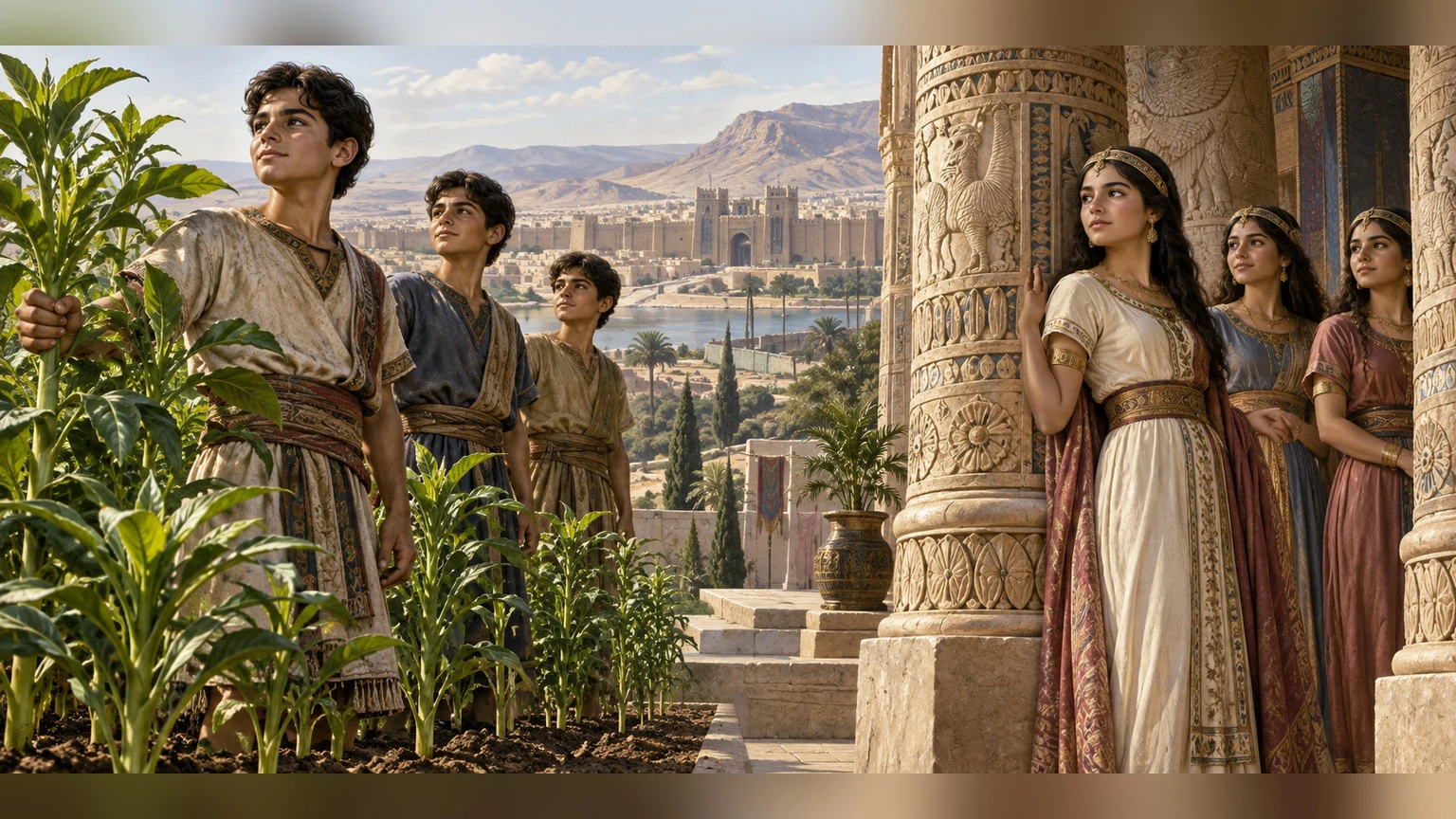 Young sons and daughters stand strong beside growing plants and carved corner pillars, preserving the poetic comparisons.