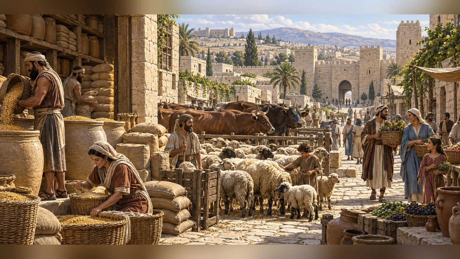 Full stores, abundant flocks, and quiet streets make the desired communal blessing concrete.