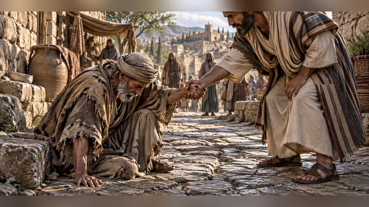 A bowed, falling person is lifted: give this intimate action its own scene.