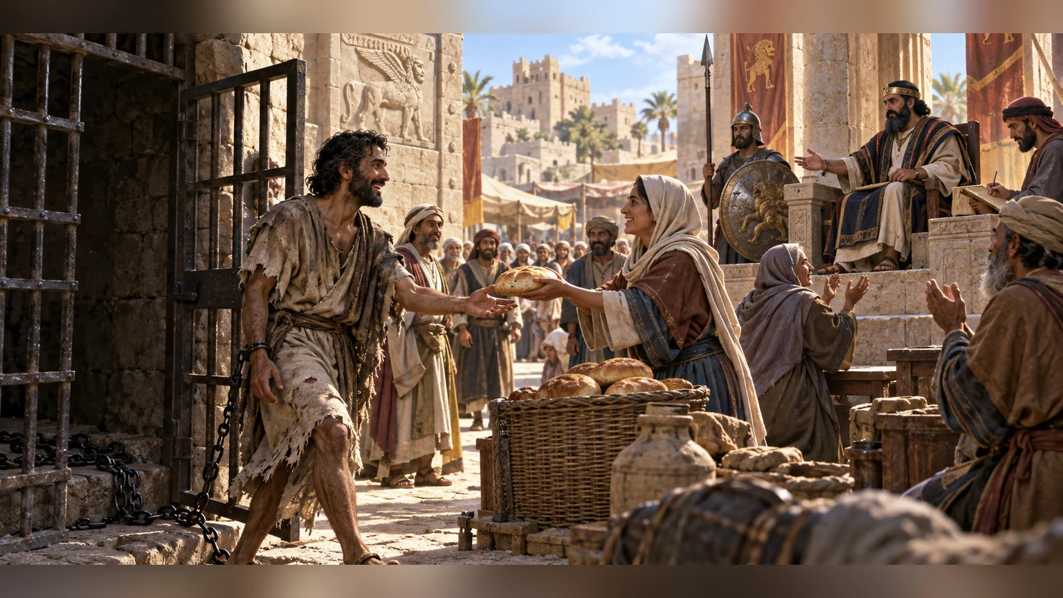 A freed prisoner receives bread at a place of justice for the oppressed.