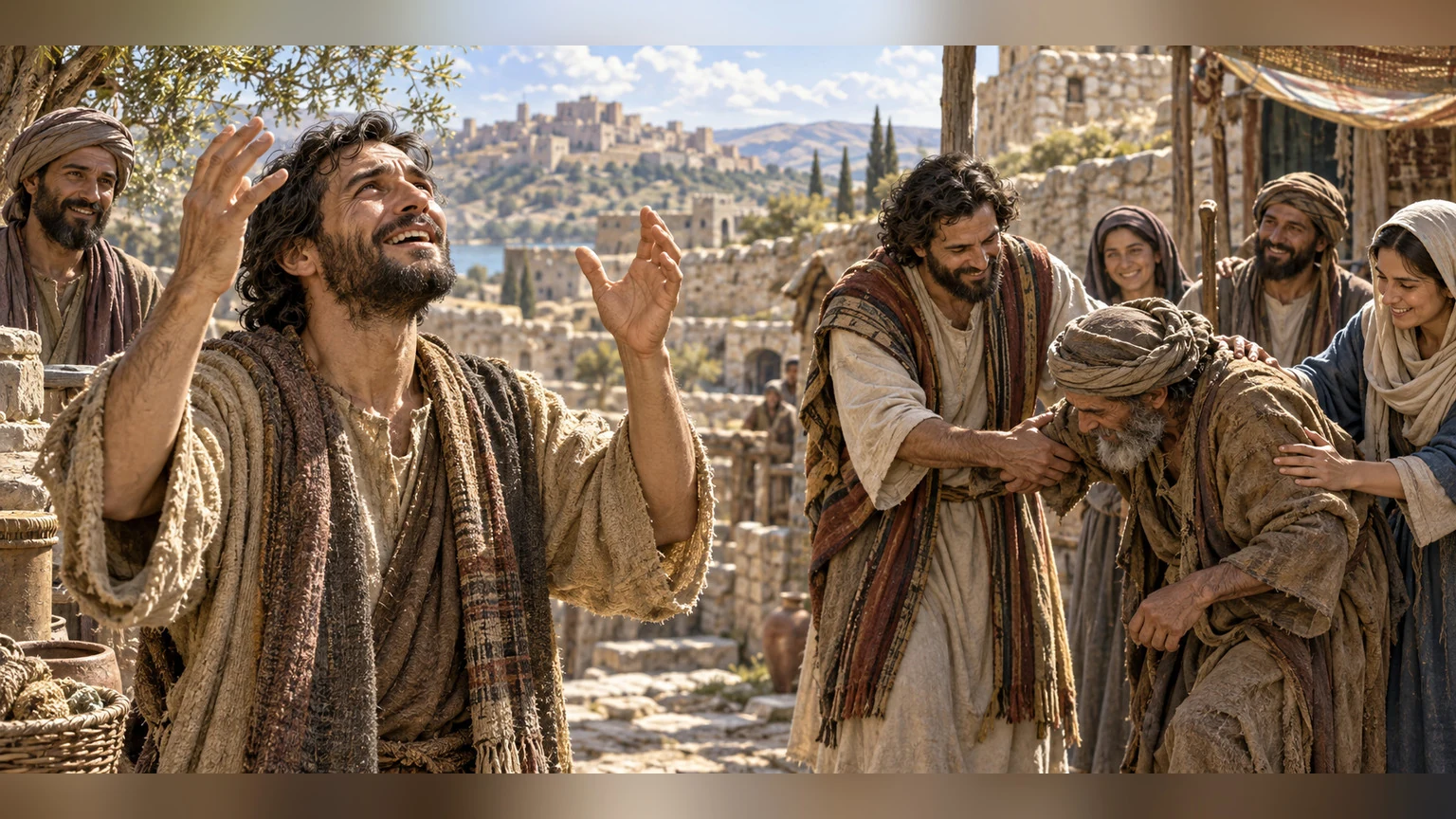 A newly seeing, formerly bowed person rises into light among the righteous.
