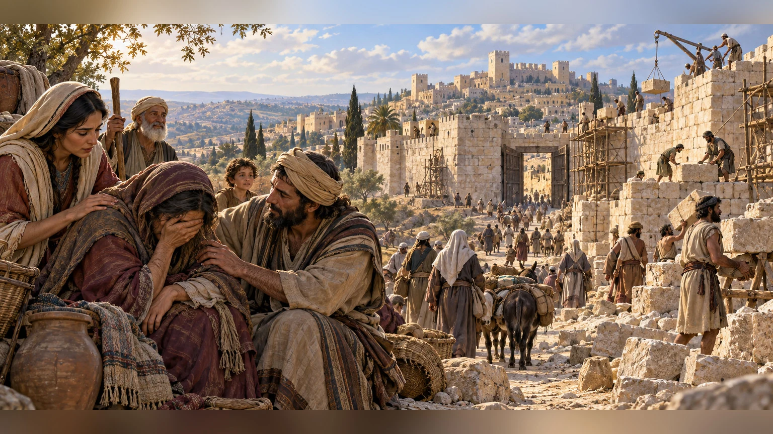 Jerusalem is rebuilt as returning outcasts and brokenhearted people receive care.