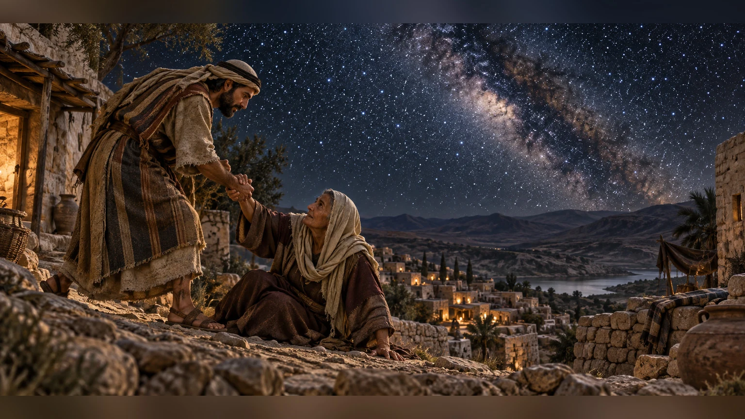 Numberless stars contrast with an intimate act of lifting the humble.
