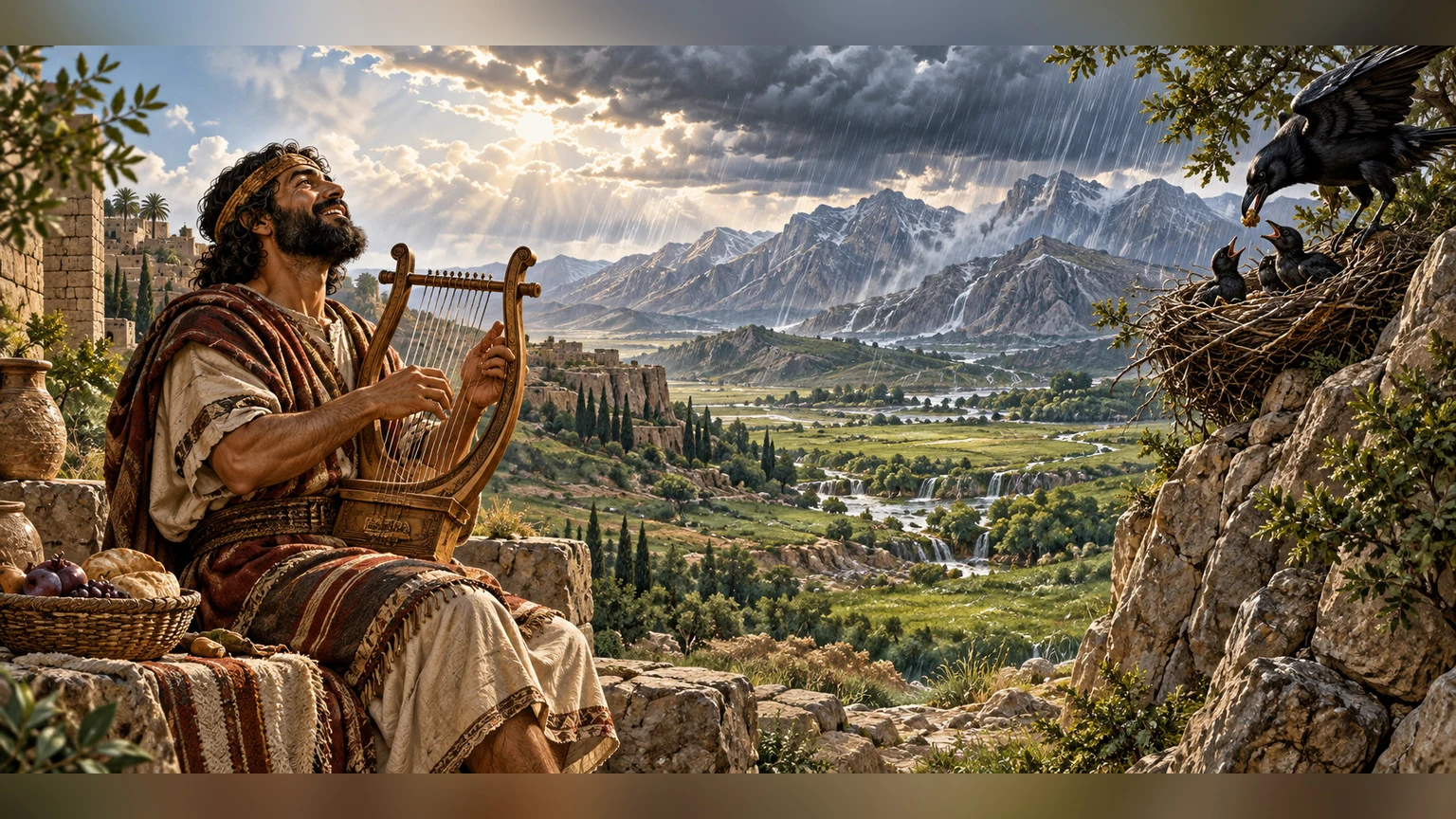 A lyre song follows rain to mountain grass and food reaching young ravens.