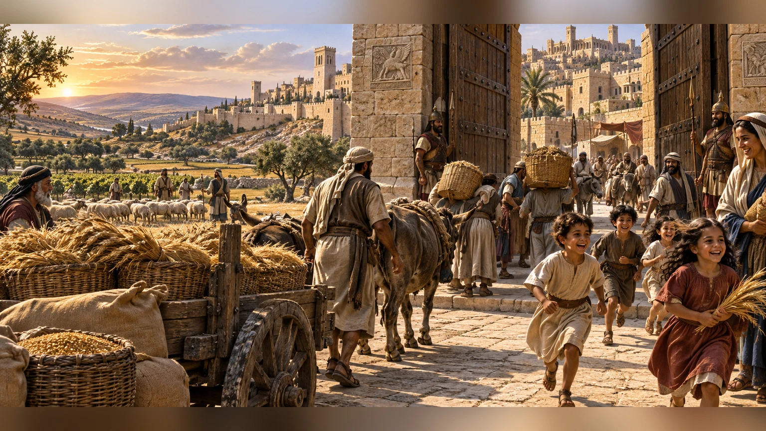 Secure gates frame blessed children, peaceful borders, and fine wheat.