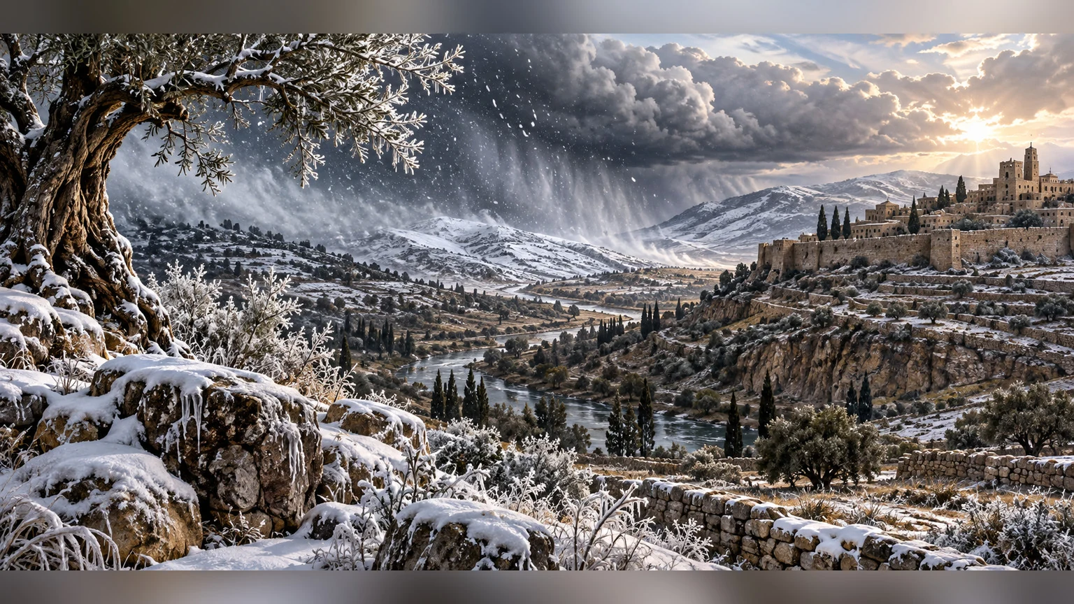 A swift winter front spreads wool-like snow, frost, and ice.
