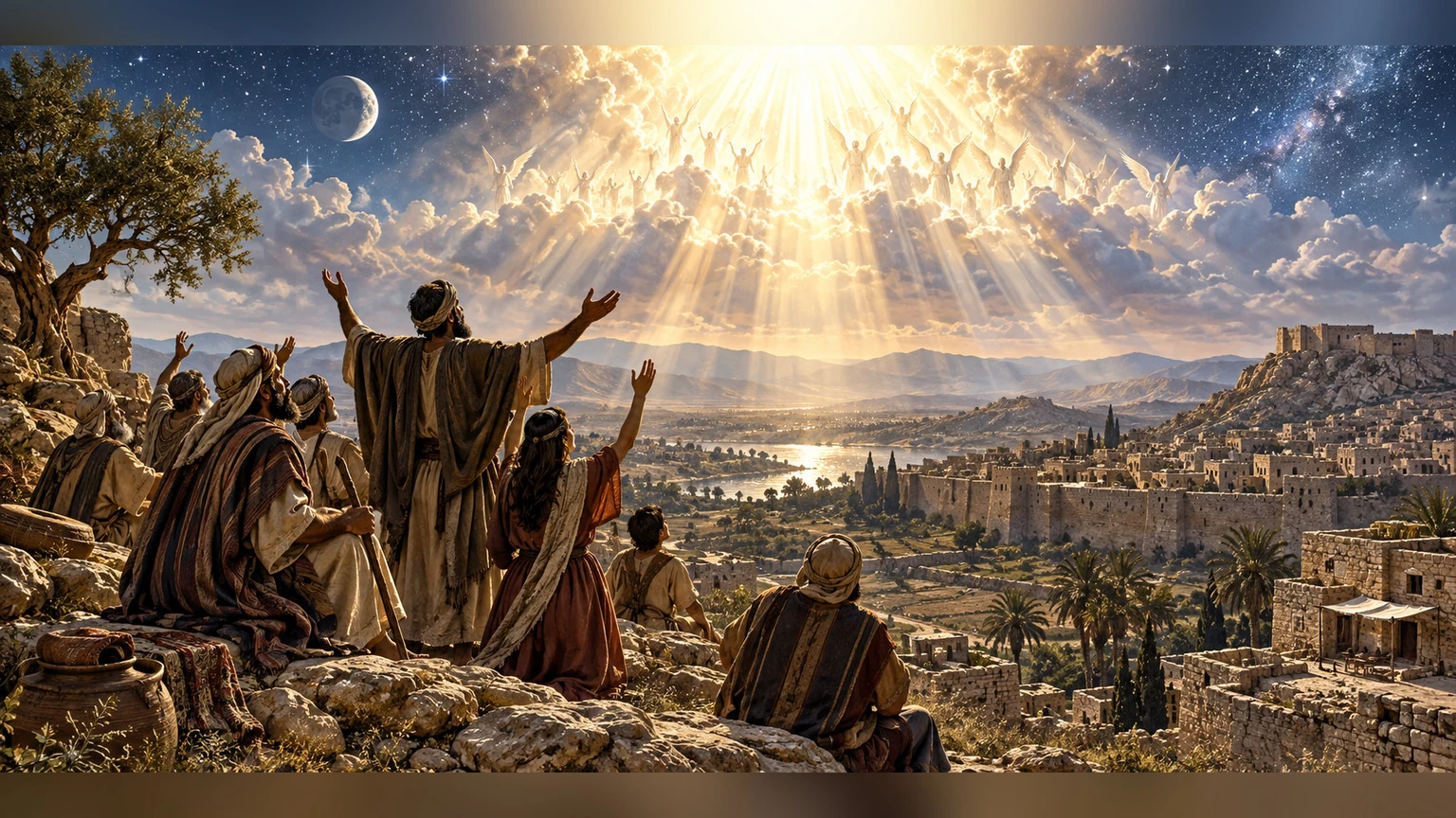Praise begins in luminous heavenly heights with angels and hosts.