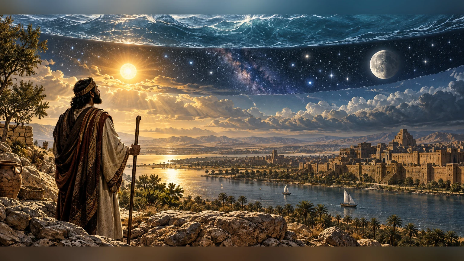 Sun, moon, stars, and upper waters occupy a vast poetic cosmos established by command.