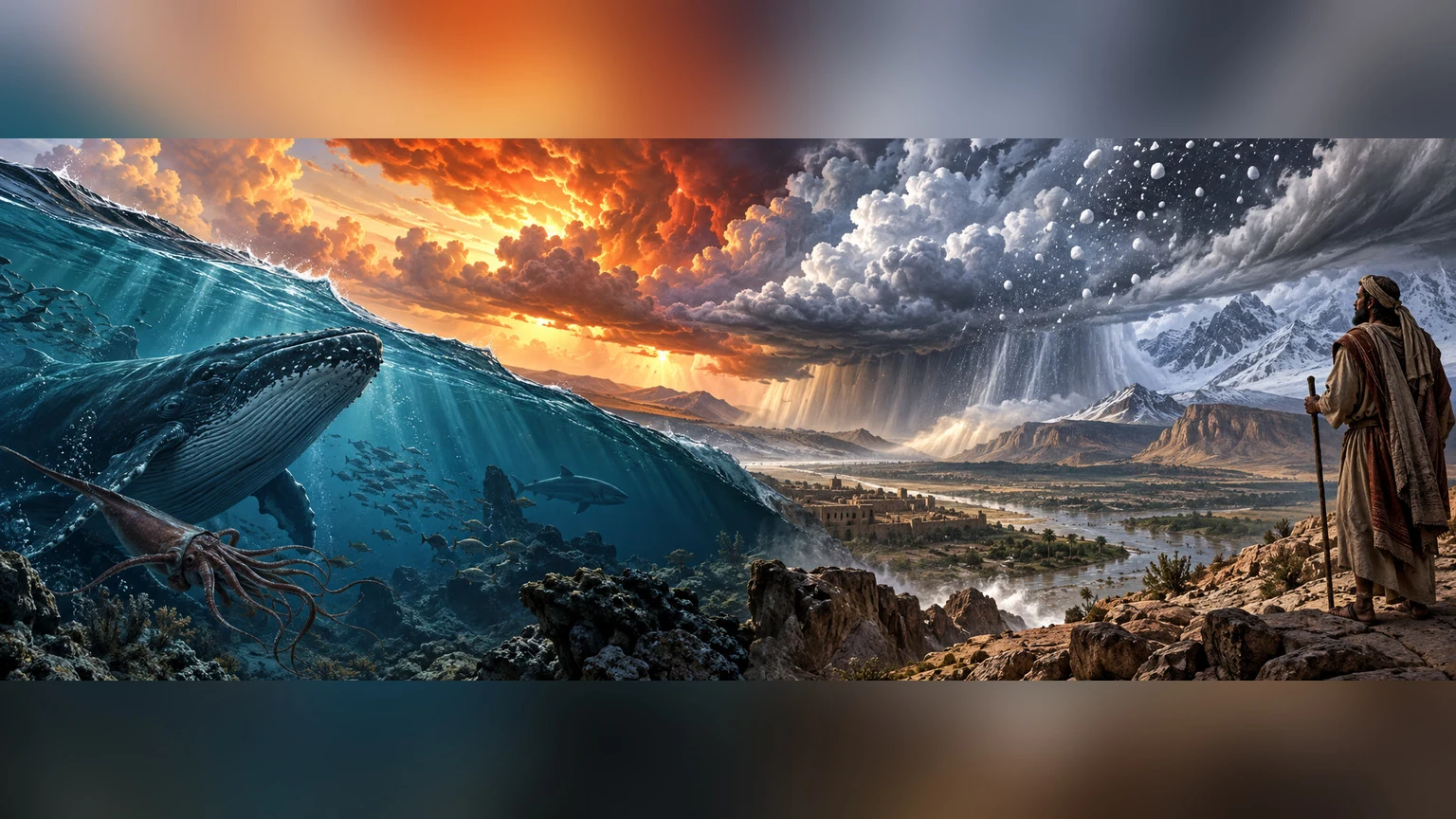 The view descends into deep sea and across storm, hail, snow, and vapor.