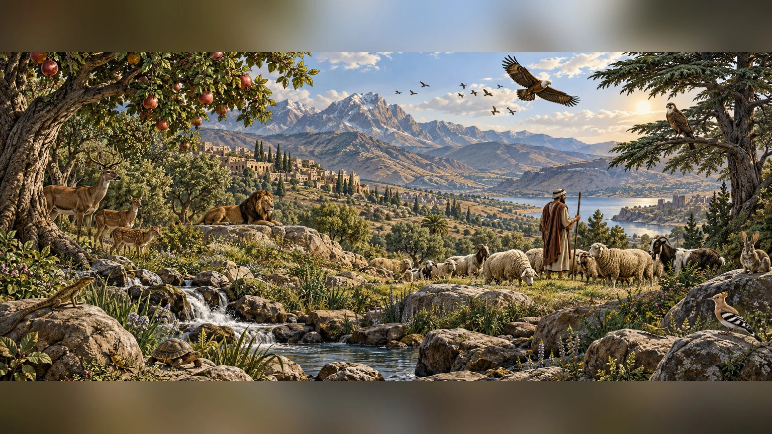 Mountains, orchards, cedars, wild and domestic creatures fill a living earthly panorama.