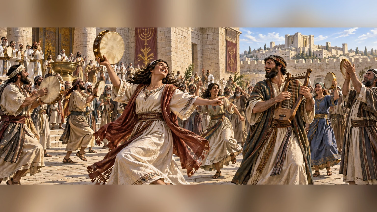 Israel's faithful assembly celebrates with dance, drum, and lyre.