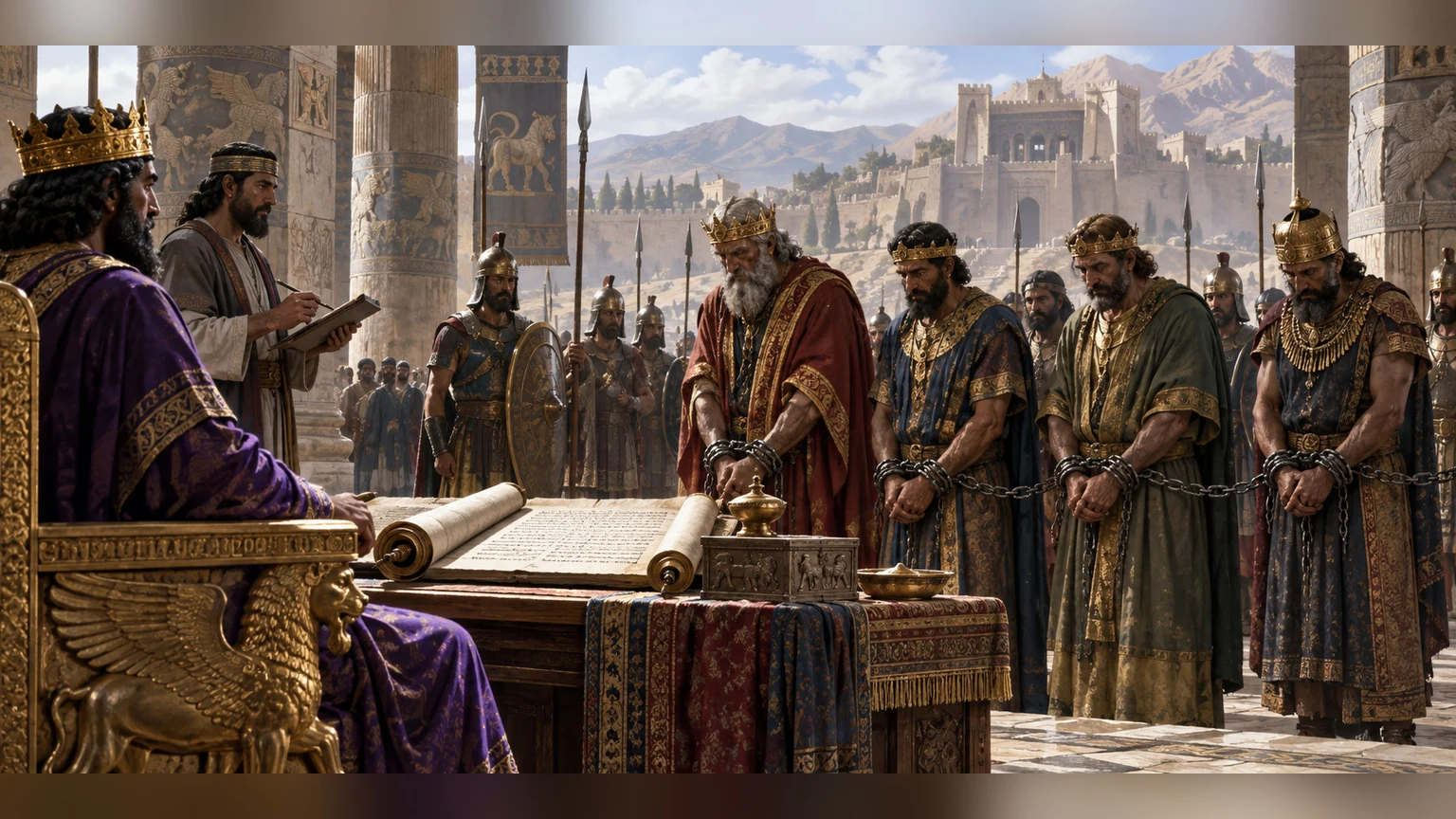 Bound kings and nobles stand before the written judgment; preserve the passage's severity without inventing a present-day target.