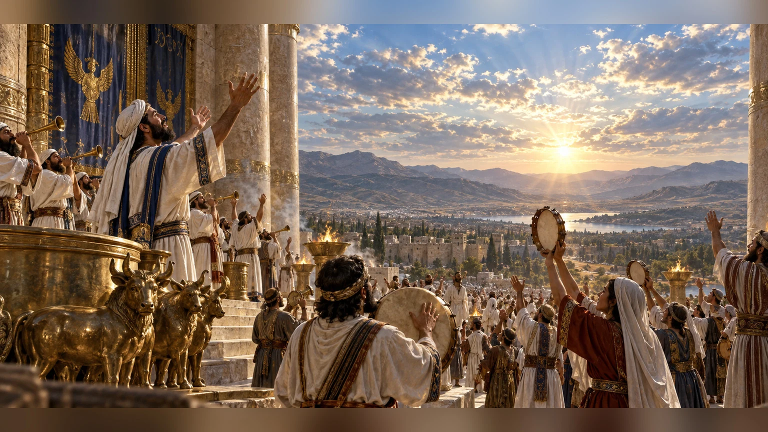 Sanctuary and vast sky open together in praise of mighty acts.