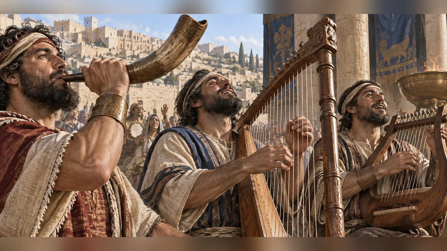Horn, harp, and lyre begin the instrumental close-ups.
